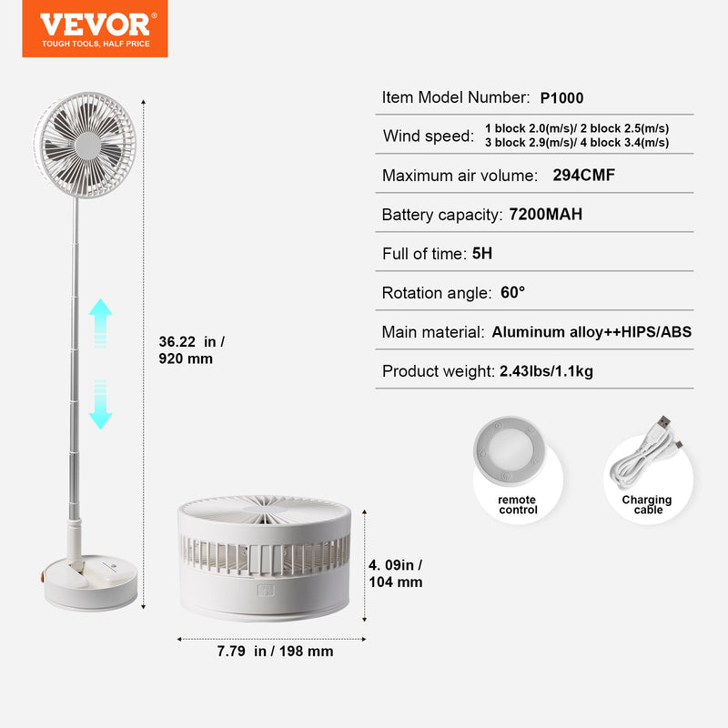 VEVOR 203,2 mm salokāms oscilējošs stāvventilators ar tālvadību un USB uzlādi