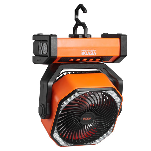 VEVOR 228,6 mm portatīvais uzlādējamais ventilators ar LED laternu, 4 ātrumi, automātiska svārstīšanās un taimeris