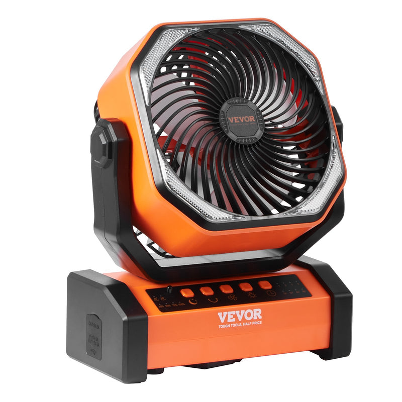 VEVOR 203,2 mm pārnēsājamais ventilators ar uzlādējamu akumulatoru un LED lukturi, 4 regulējami ātrumi