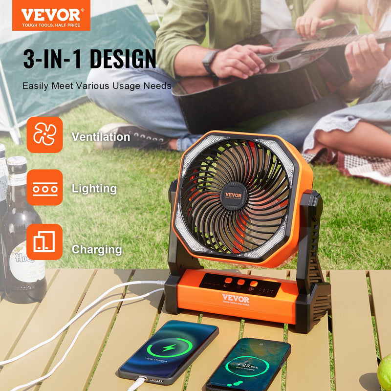 VEVOR 203,2 mm pārnēsājamais ventilators ar uzlādējamu akumulatoru un LED lukturi, 4 regulējami ātrumi