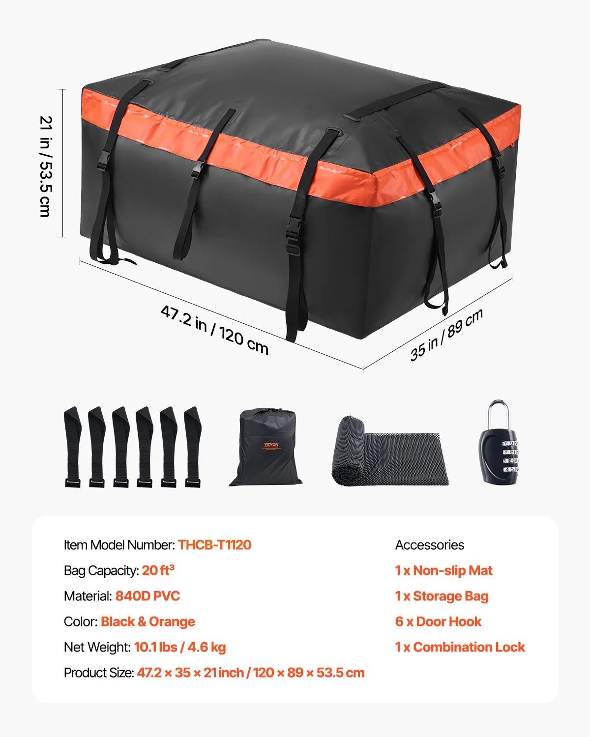 VEVOR auto jumta bagāžas soma 20 kubikpēdas (~566 l), izturīga 840D PVC 100% ūdensizturīga jumta kravas soma visiem auto ar vai bez jumta reliņiem, ar slēdzeni, pretslīdes paklāju un 6 durvju āķiem - ZEMLETES.LV