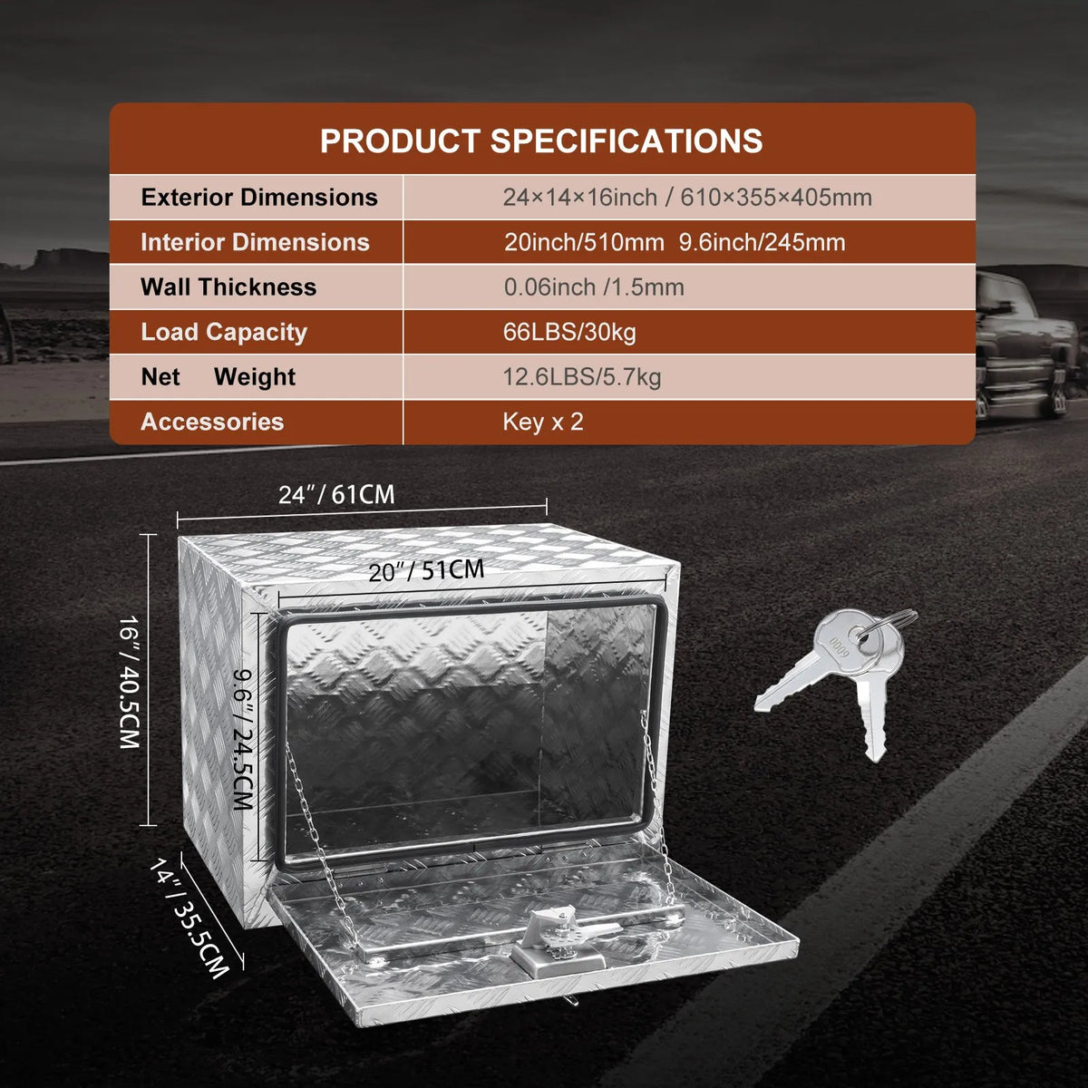 VEVOR Aluminium Tool Box for Truck Bed, 61 × 35.6 × 40.6 cm, Diamond Plate Construction, T-Handle Latches and Lockable Lid, Waterproof Storage Box for Trucks, Vans and Trailers