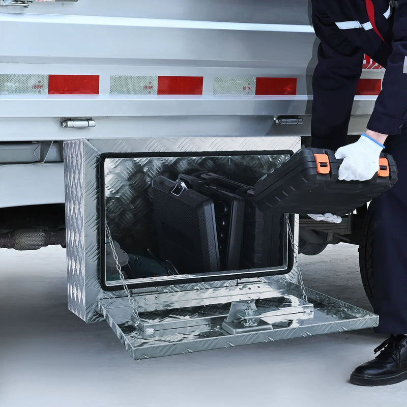 VEVOR alumīnija instrumentu kaste kravas auto apakšai, 61 × 35,6 × 40,6 cm, ar rombveida plākšņu konstrukciju, T-veida aizdari un slēdzamu vāku, ūdensizturīga uzglabāšanas kaste kravas auto, furgoniem un piekabēm