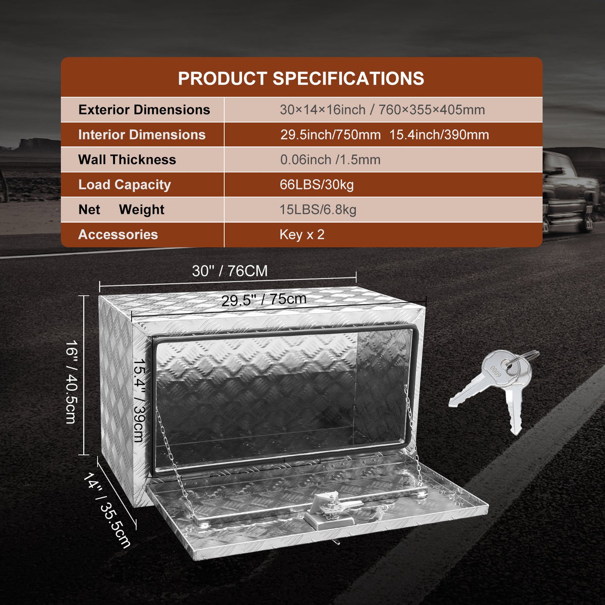 VEVOR Heavy-Duty Aluminium Underbody Tool Box 30 × 14 × 16", Waterproof, Diamond Plate Surface, T-Handle Latch with Keys – Suitable for Pickups, Vans and Trailers