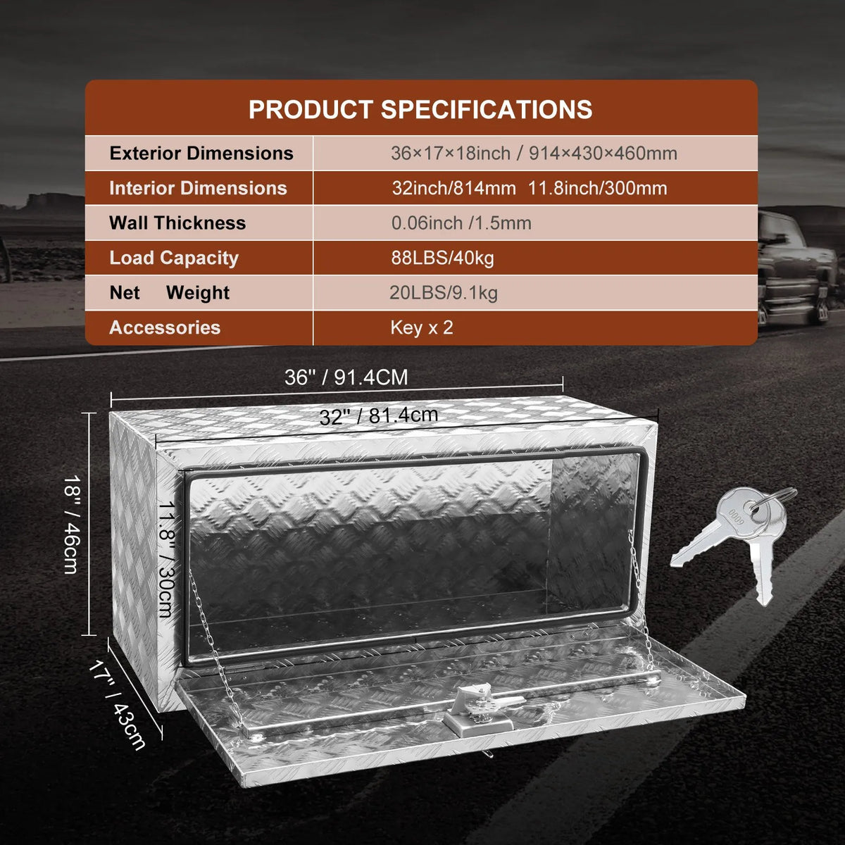 VEVOR Aluminium Tool Box for Truck Bed, 914 × 430 × 460 mm, Diamond Plate Construction, T-Handle Latches and Lockable Lid, Waterproof Storage Box for Trucks, Vans and Trailers
