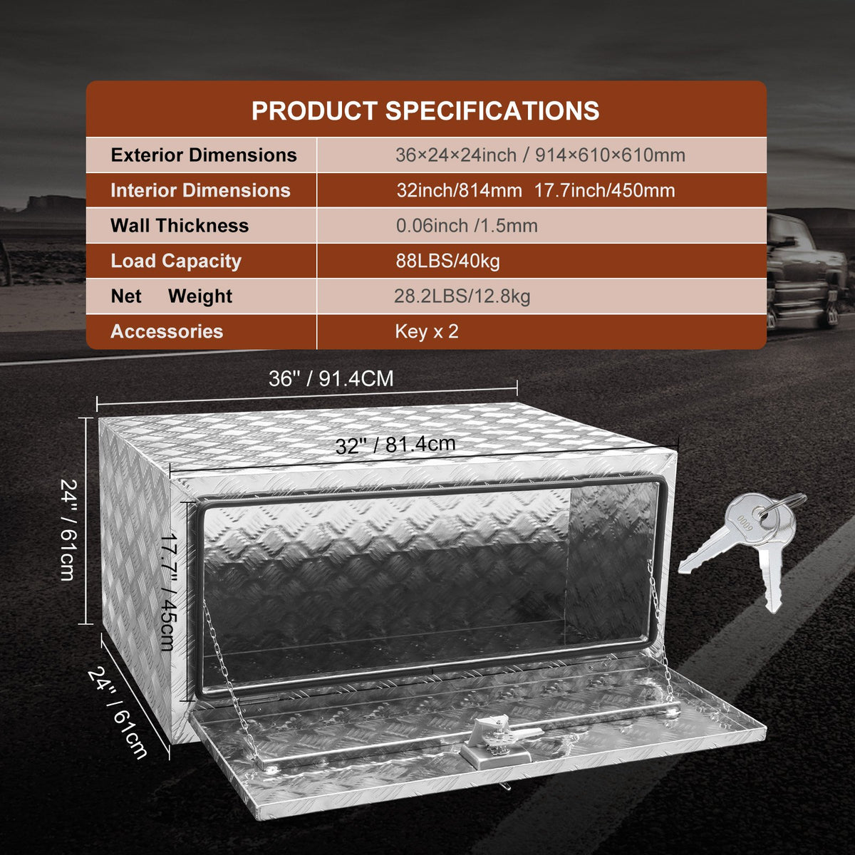 VEVOR 91 × 61 × 61 cm Storage Tool Box with Lock and Keys, Waterproof, T-Handle Latch, for Pickup Truck, Van, Trailer