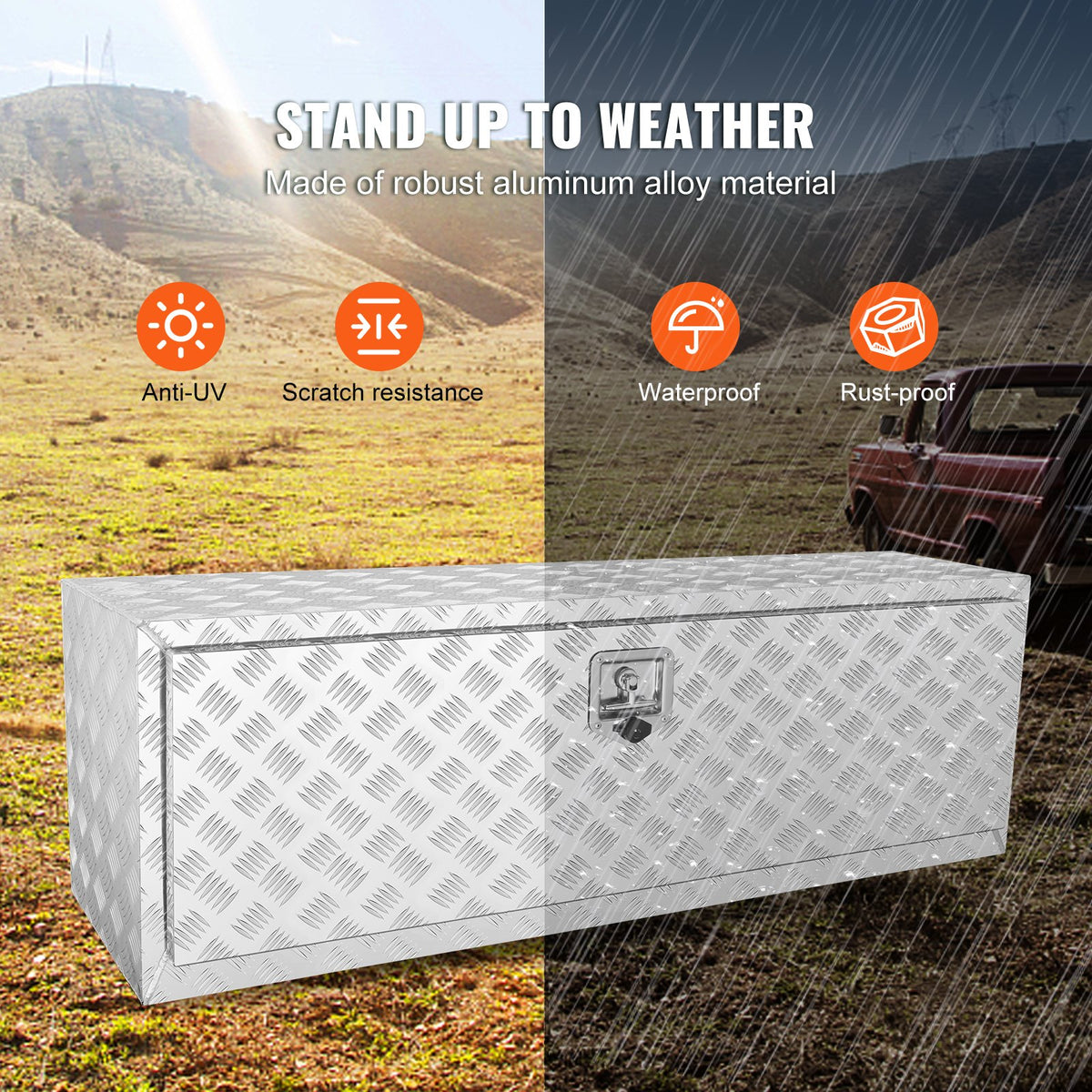 VEVOR Low-Profile Trailer Tool Box, 122 cm × 43 cm × 46 cm, Heavy-Duty Aluminium Storage Box with Lock and Keys, Waterproof, T-Handle Latch, Suitable for Trucks, Vans, Trailers