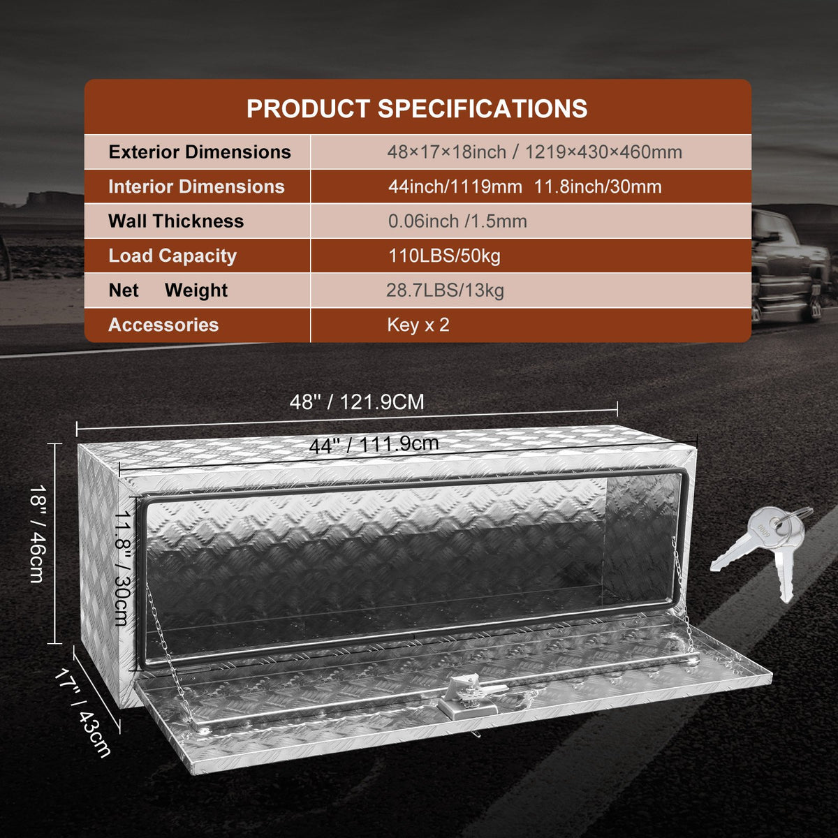 VEVOR Low-Profile Trailer Tool Box, 122 cm × 43 cm × 46 cm, Heavy-Duty Aluminium Storage Box with Lock and Keys, Waterproof, T-Handle Latch, Suitable for Trucks, Vans, Trailers