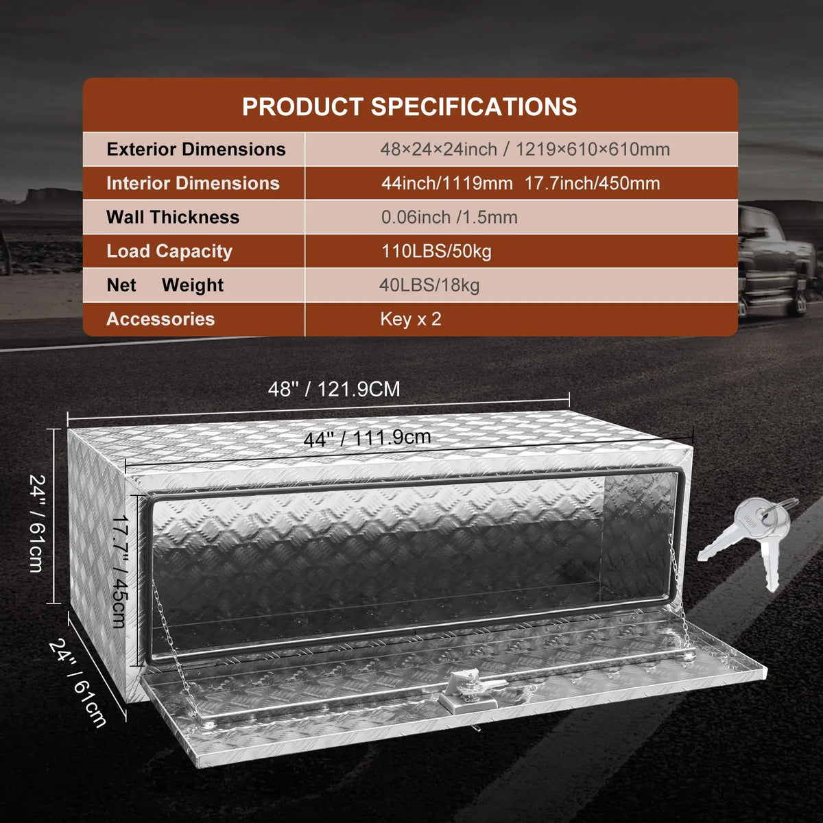 VEVOR Aluminium Tool Box for Truck Bed, 122 × 61 × 61 cm, Diamond Plate Construction, T-Handle Latches and Lockable Lid, Waterproof Storage Box for Trucks, Vans and Trailers