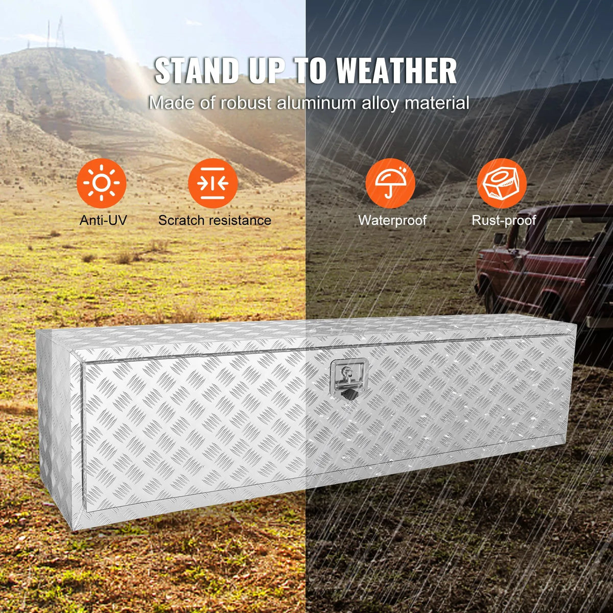 VEVOR Aluminium Tool Box for Truck Bed, 152.4 × 43.2 × 45.7 cm, Diamond Plate Construction, T-Handle Latches and Lockable Lid, Waterproof Storage Box for Trucks, Vans and Trailers