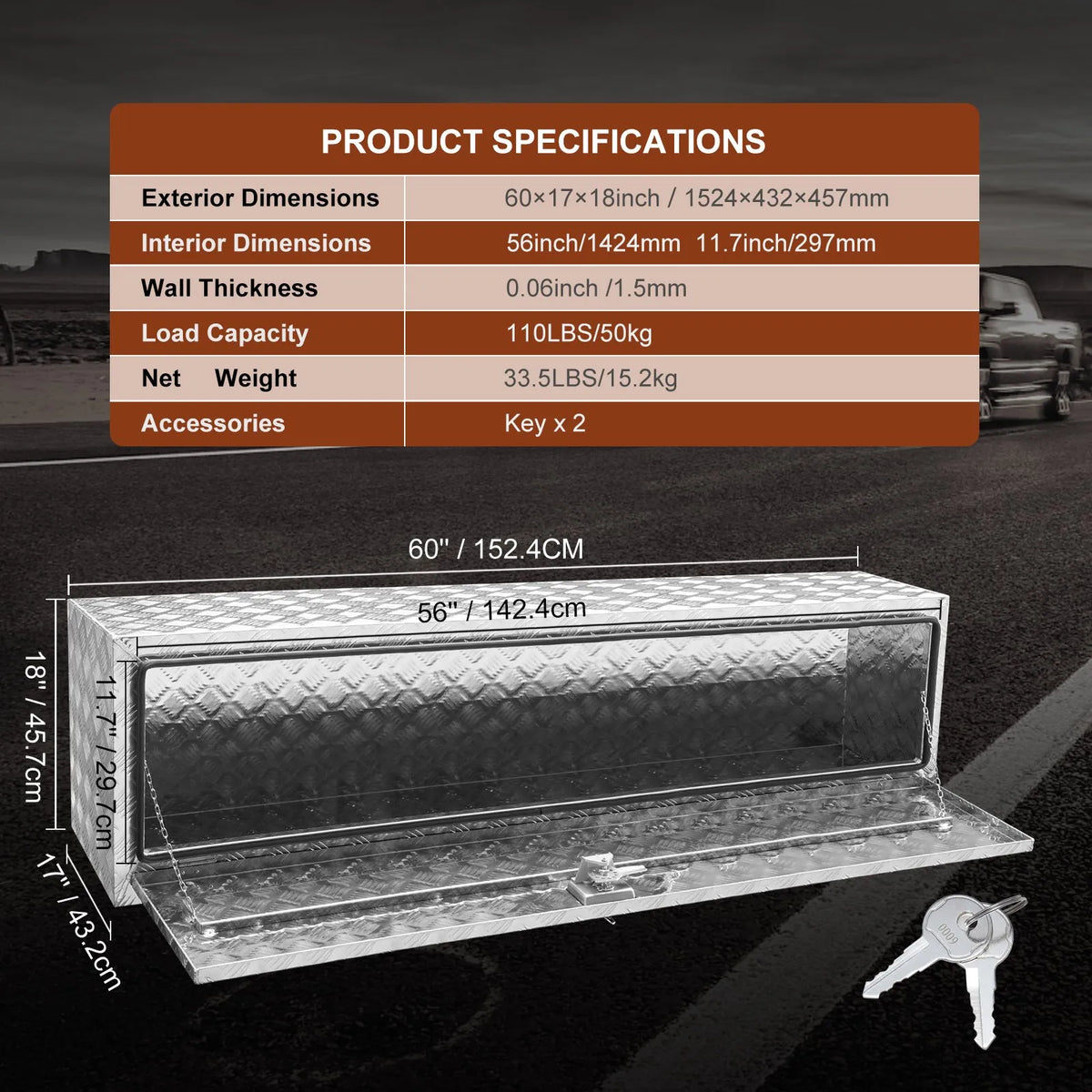 VEVOR Aluminium Tool Box for Truck Bed, 152.4 × 43.2 × 45.7 cm, Diamond Plate Construction, T-Handle Latches and Lockable Lid, Waterproof Storage Box for Trucks, Vans and Trailers