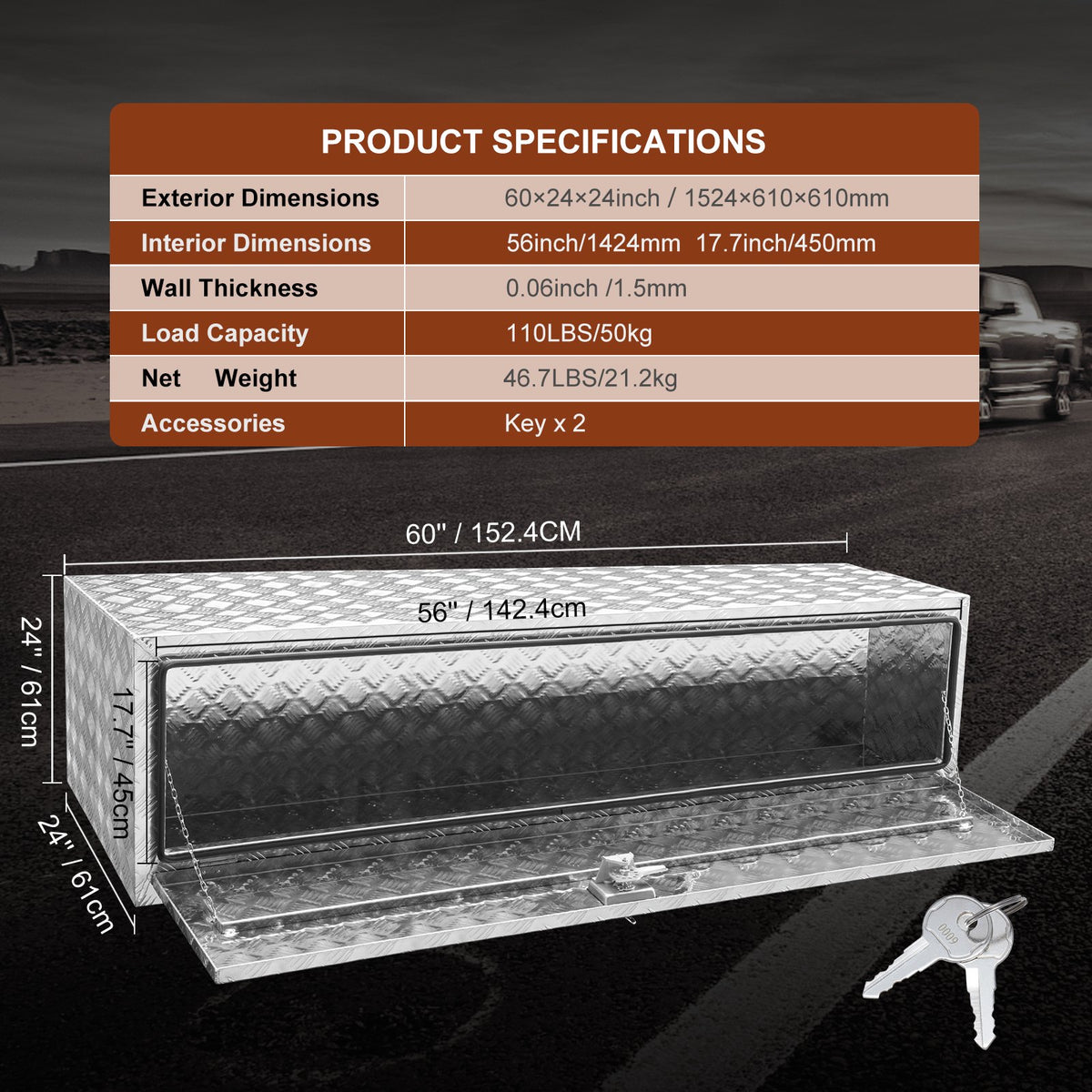 VEVOR Low Trailer Tool Box, 152 cm × 61 cm × 61 cm, with Lock and Keys, Waterproof with T-Handle Lock, Suitable for Trucks, Vans, Trailers