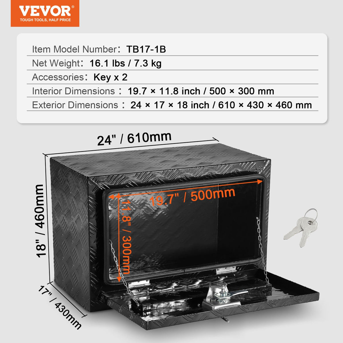 VEVOR Aluminium Tool Box for Truck Bed, 61 × 43 × 46 cm, Diamond Plate Construction, T-Handle Latches and Lockable Lid, Waterproof Storage Box for Trucks, Vans and Trailers