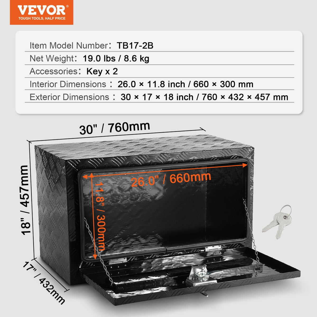 VEVOR Truck Underbody Tool Box, 76.2×43.18×45.72 cm Aluminium Diamond Plate Storage Box with T-Handle Lock, Waterproof Cargo, Van and Trailer Box with Lock and Keys