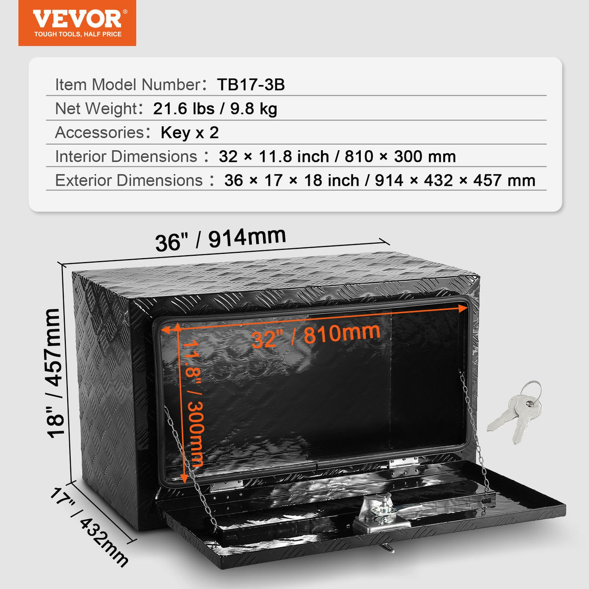 VEVOR Truck Bed Underbody Tool Box, 91.44×43.18×45.72 cm Aluminium Diamond Plate Storage Box with T-Handle Latch, Waterproof Cargo, Van and Trailer Box with Lock and Keys