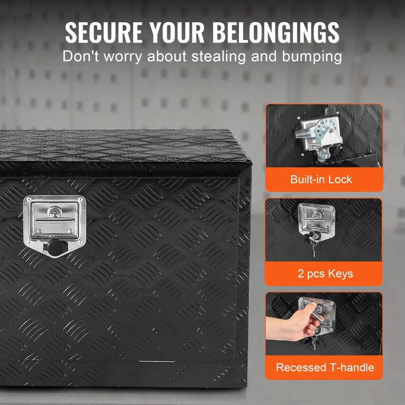 VEVOR kravas automašīnas apakšējā instrumentu kaste, 121,92×43,18×45,72 cm alumīnija dimanta faktūras uzglabāšanas kaste ar T veida roktura slēdzeni, ūdensizturīga kravas, furgonu un piekabju kaste ar slēdzeni un atslēgām