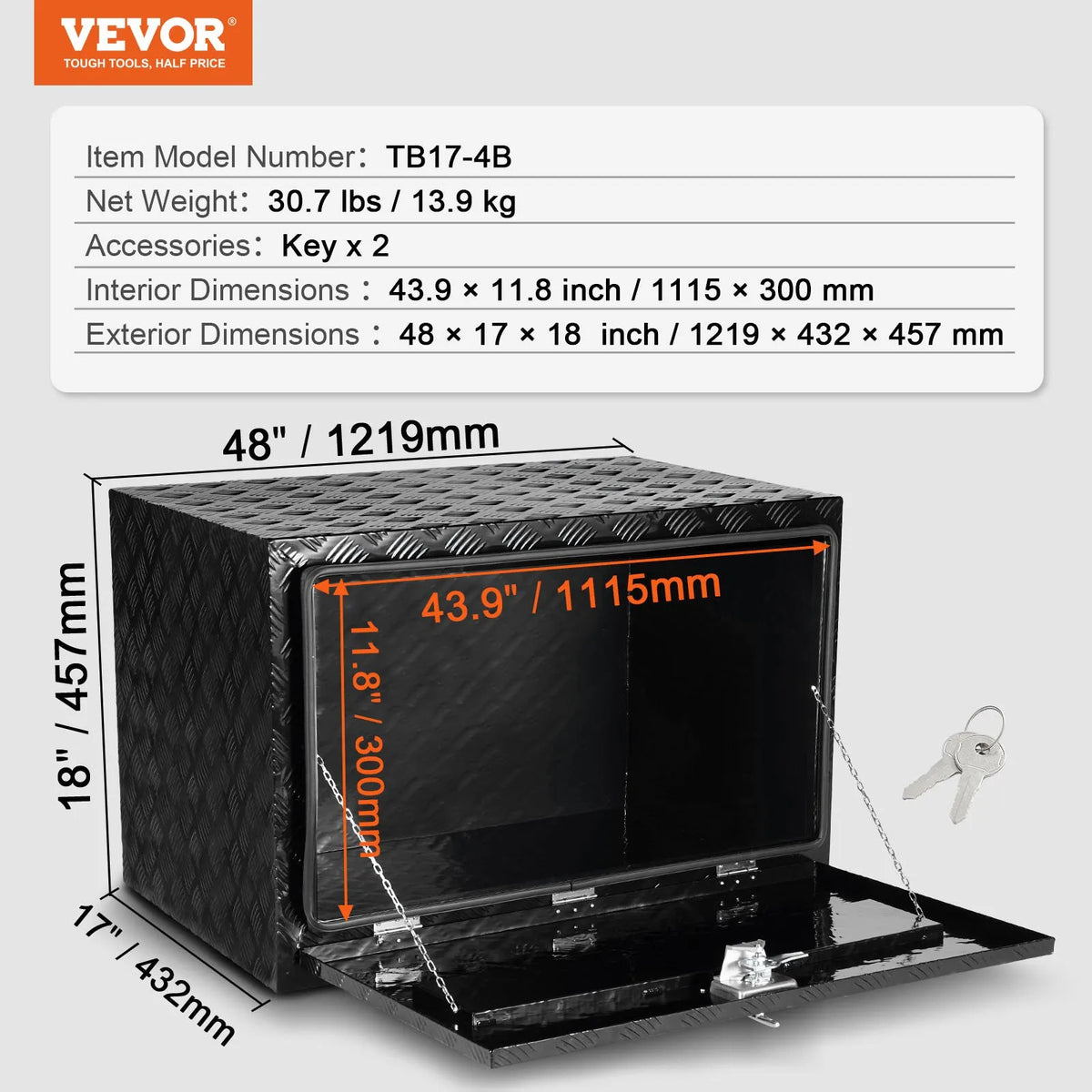VEVOR kravas automašīnas apakšējā instrumentu kaste, 121,92×43,18×45,72 cm alumīnija dimanta faktūras uzglabāšanas kaste ar T veida roktura slēdzeni, ūdensizturīga kravas, furgonu un piekabju kaste ar slēdzeni un atslēgām