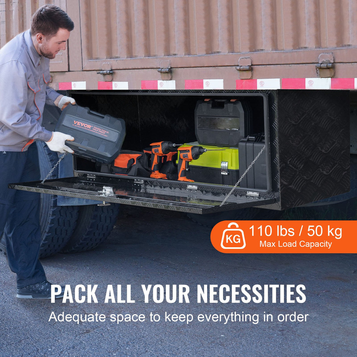 VEVOR Truck Underbody Tool Box, 152.4×60.96×60.96 cm Aluminium Diamond Plate Storage Box with T-Handle Latch, Waterproof Cargo, Van and Trailer Box with Lock and Keys