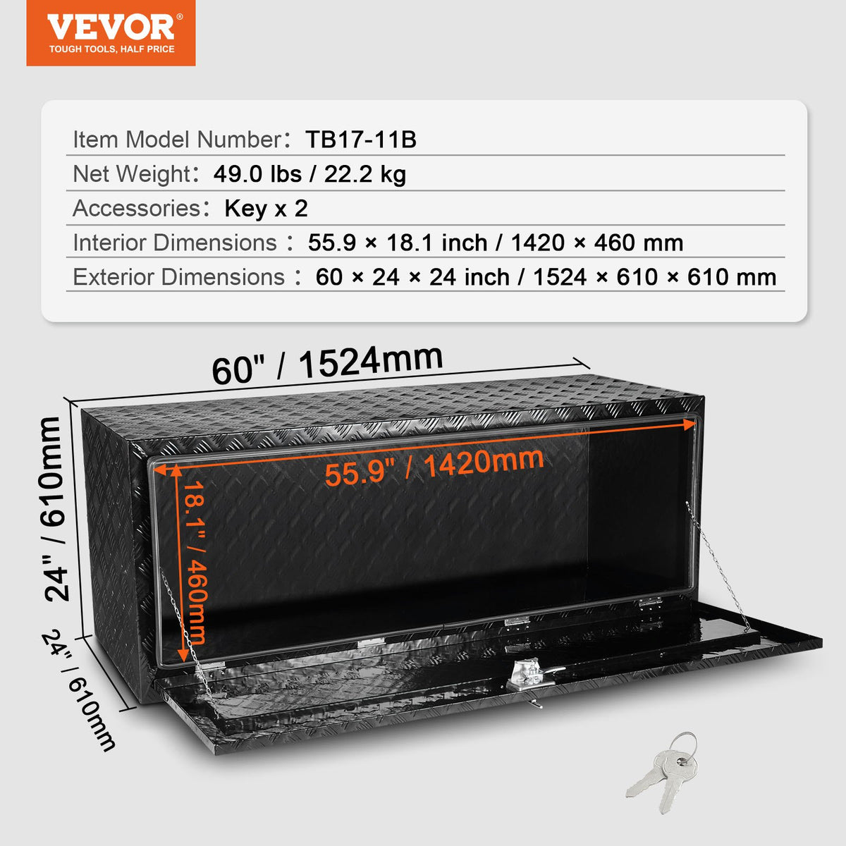 VEVOR Truck Underbody Tool Box, 152.4×60.96×60.96 cm Aluminium Diamond Plate Storage Box with T-Handle Latch, Waterproof Cargo, Van and Trailer Box with Lock and Keys