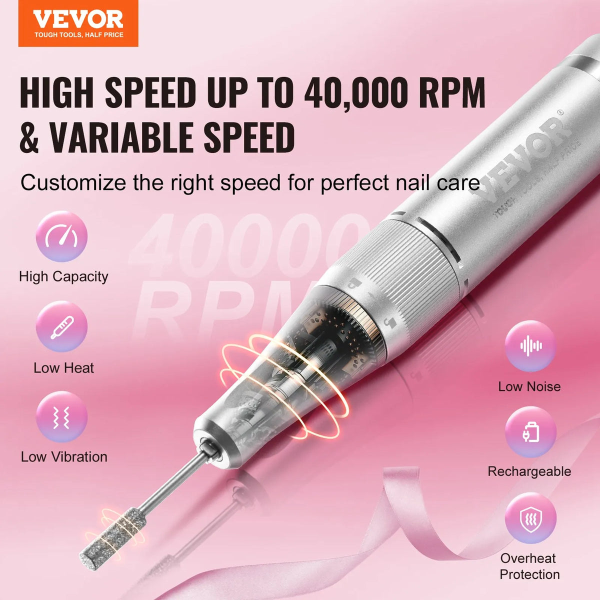 VEVOR elektriskā uzlādējamā nagu frēze 40 000 apgr./min, bezvadu portatīvs nagu E - file aparāts ar LCD displeju, akrila un gela nagu slīpēšanas instruments ar 6 uzgaļiem un 50 slīpēšanas lentēm manikīram un pedikīram - ZEMLETES.LV