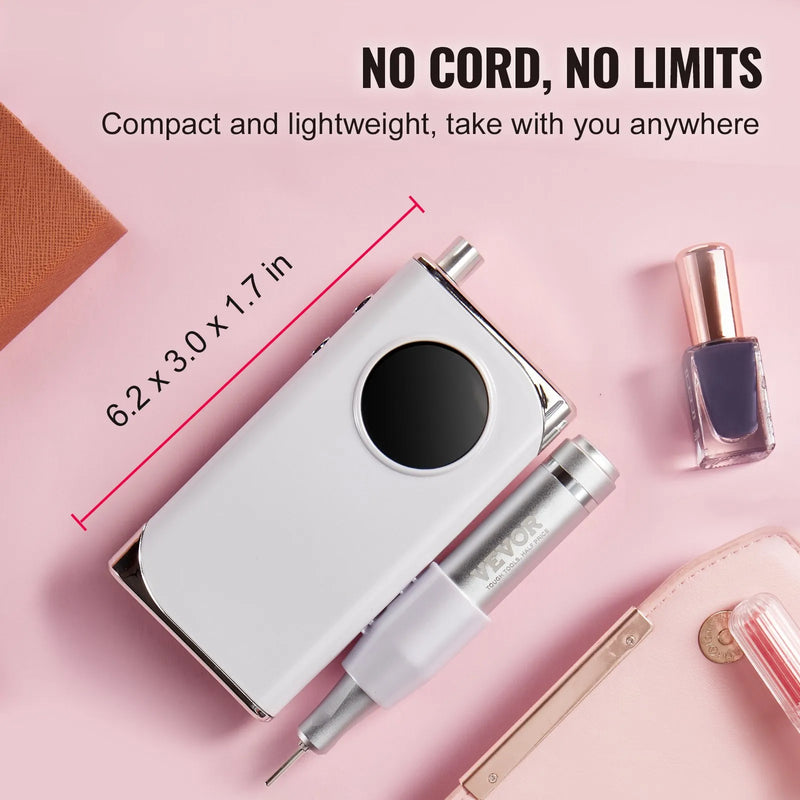 VEVOR elektriskā uzlādējamā nagu frēze 40 000 apgr./min, bezvadu portatīvs nagu E-file aparāts ar LCD displeju, akrila un gela nagu slīpēšanas instruments ar 6 uzgaļiem un 50 slīpēšanas lentēm manikīram un pedikīram
