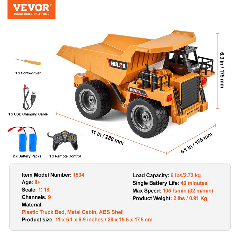 VEVOR RC Tālvadības pašizgāzējs – Būvniecības transportlīdzekļa rotaļlieta, 9 kanāli, 1:18 mērogs