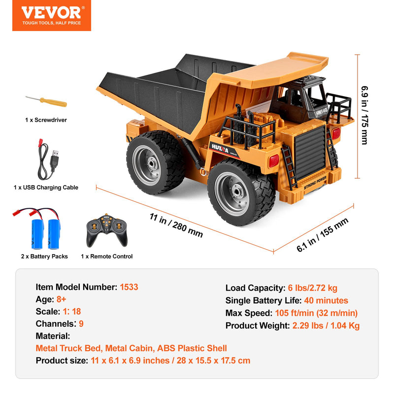 VEVOR RC Tālvadības pašizgāzējs – Būvniecības transportlīdzekļa rotaļlieta, 9 kanāli, 1:18 mērogs