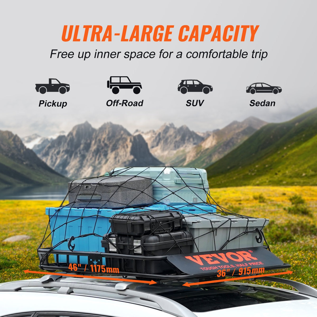 VEVOR Roof Cargo Box, 117.5 x 91.5 x 11.4 cm, 90.7 kg Capacity, Universal Roof Rack for SUVs and Trucks