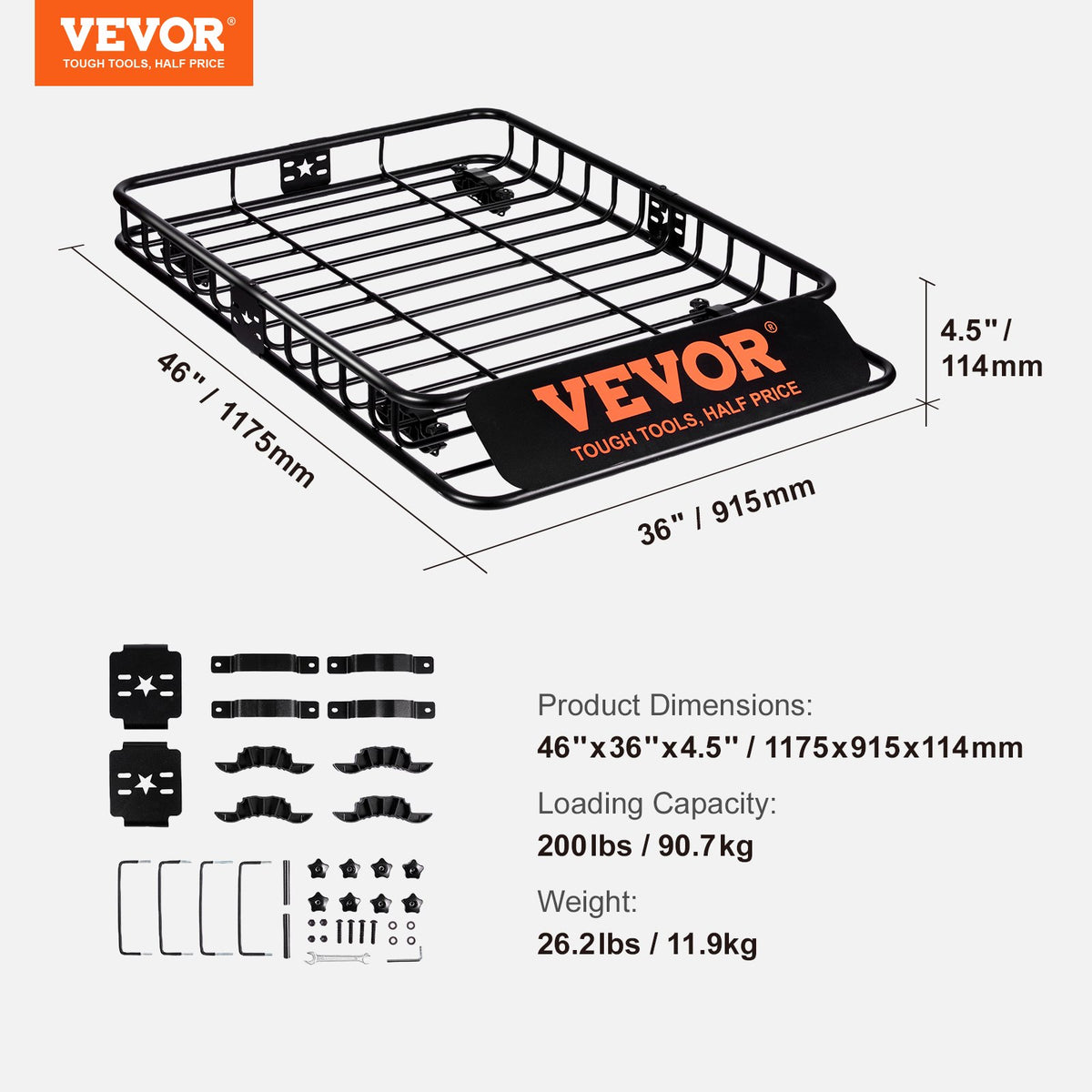 VEVOR Roof Cargo Box, 117.5 x 91.5 x 11.4 cm, 90.7 kg Capacity, Universal Roof Rack for SUVs and Trucks