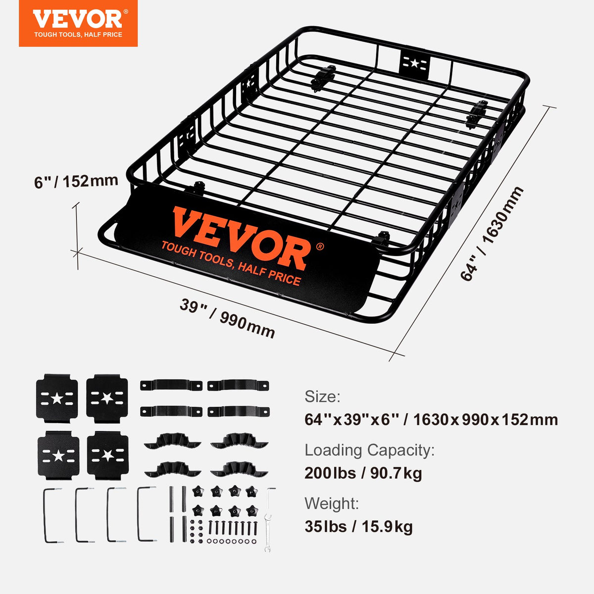 VEVOR jumta bagāžnieka grozs 1626 × 991 × 152 mm ar pagarinājumu, universāls auto jumta bagāžas turētājs no izturīga tērauda, slodze līdz 90,7 kg, piemērots SUV un kravas automašīnām - ZEMLETES.LV