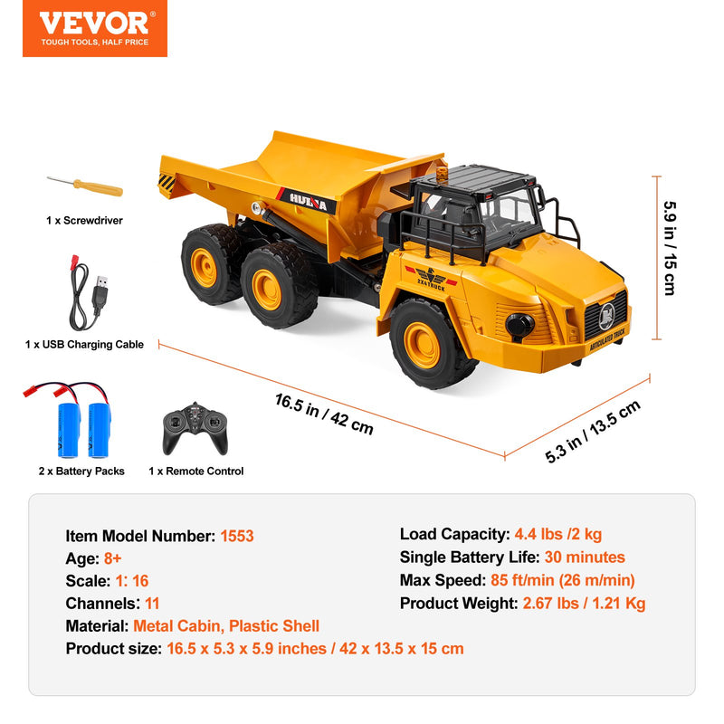 VEVOR RC pašizgāzējs, tālvadības būvniecības transportlīdzeklis, 1:16 mērogs