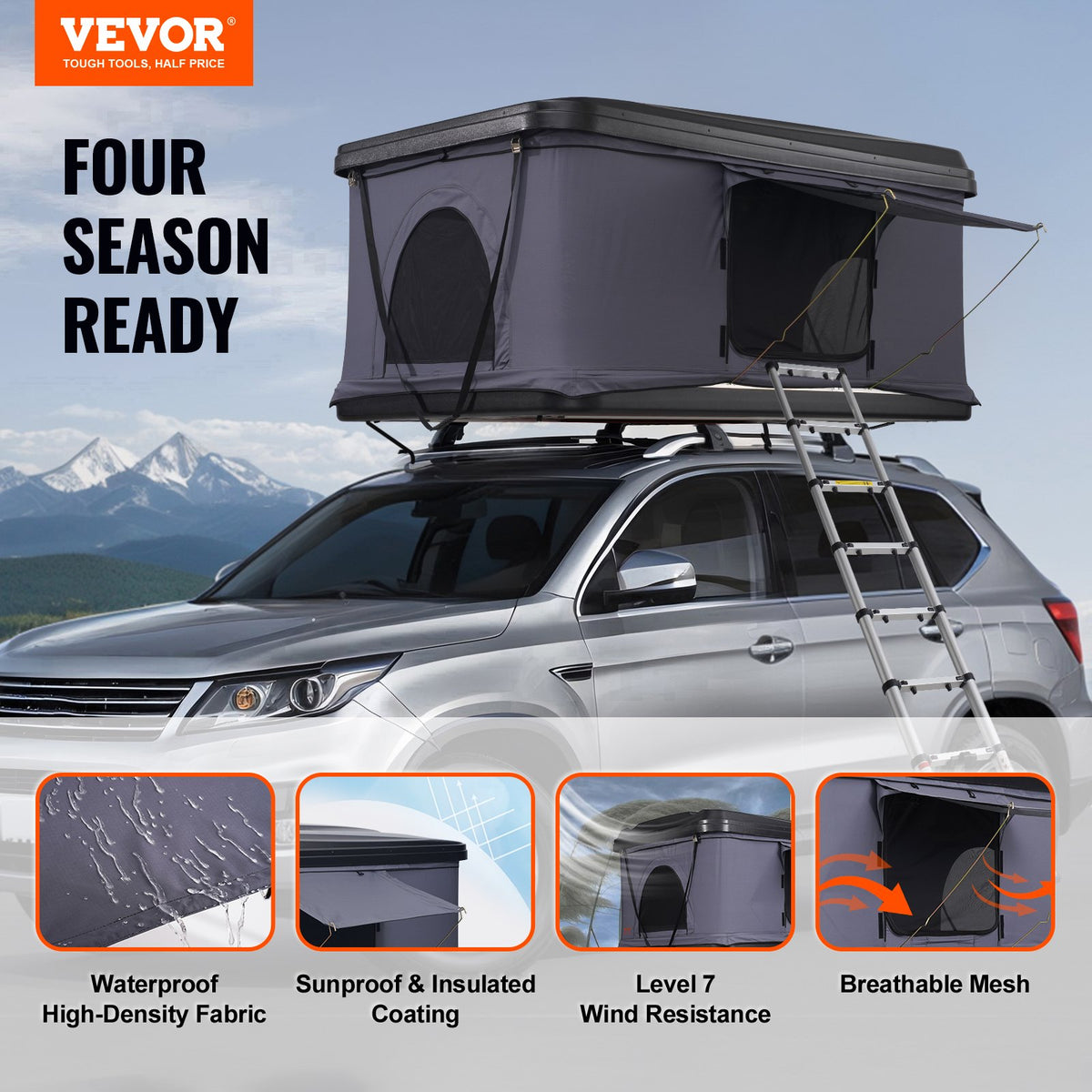 VEVOR Roof Tent Hard Shell 2-3 Person, Waterproof, Suitable for Jeep, SUV and Pickup Trucks with Ladder