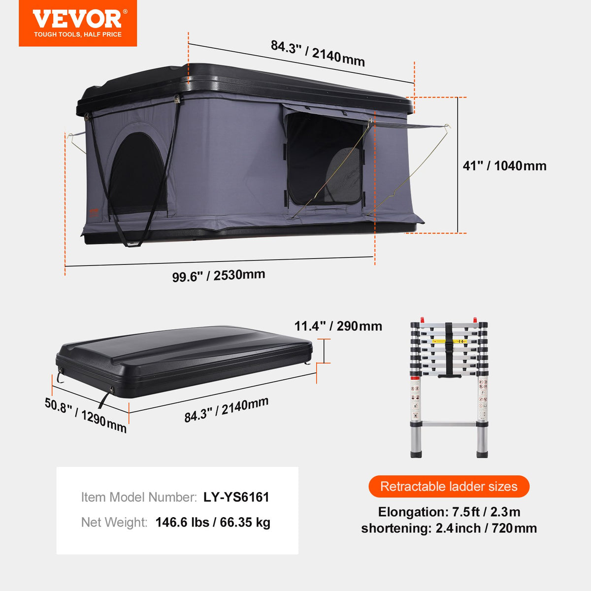 VEVOR Roof Tent Hard Shell 2-3 Person, Waterproof, Suitable for Jeep, SUV and Pickup Trucks with Ladder