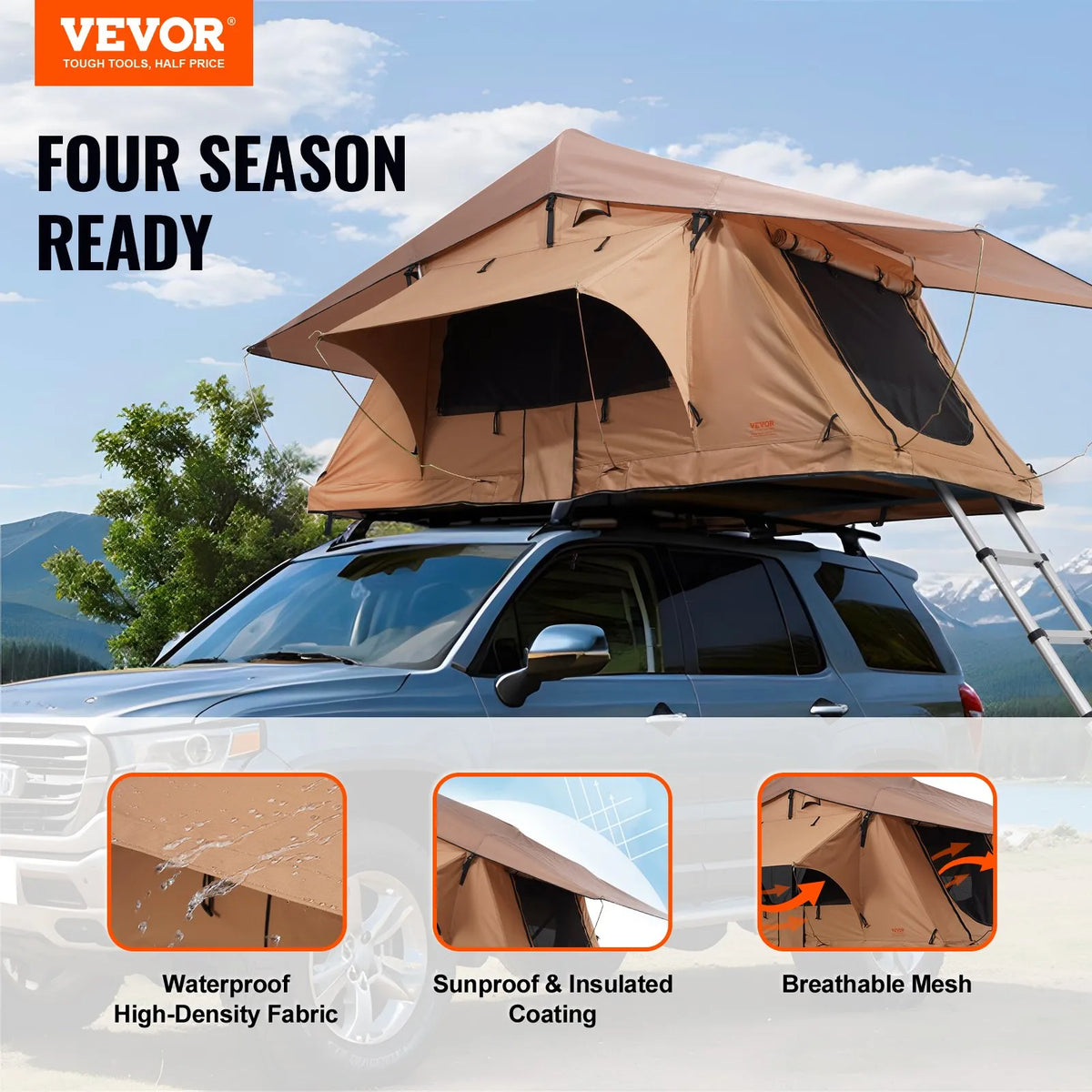 VEVOR Hard Shell Roof Tent Naturnest, Hard Shell 2-3 Person, Foldable Roof Tent with Telescopic Ladder, Mattress and PVC Cover Bag, Suitable for Jeep, SUV, Vans and Pickup Trucks, Waterproof