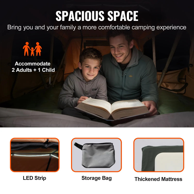 VEVOR cietās čaulas jumta telts Naturnest, cietā čaula 2–3 personām, saliekama jumta telts ar teleskopisko kāpni, matraci un PVC pārvalka somu, piemērota Jeep, SUV, furgoniem un pikapiem, ūdensnecaurlaidīga