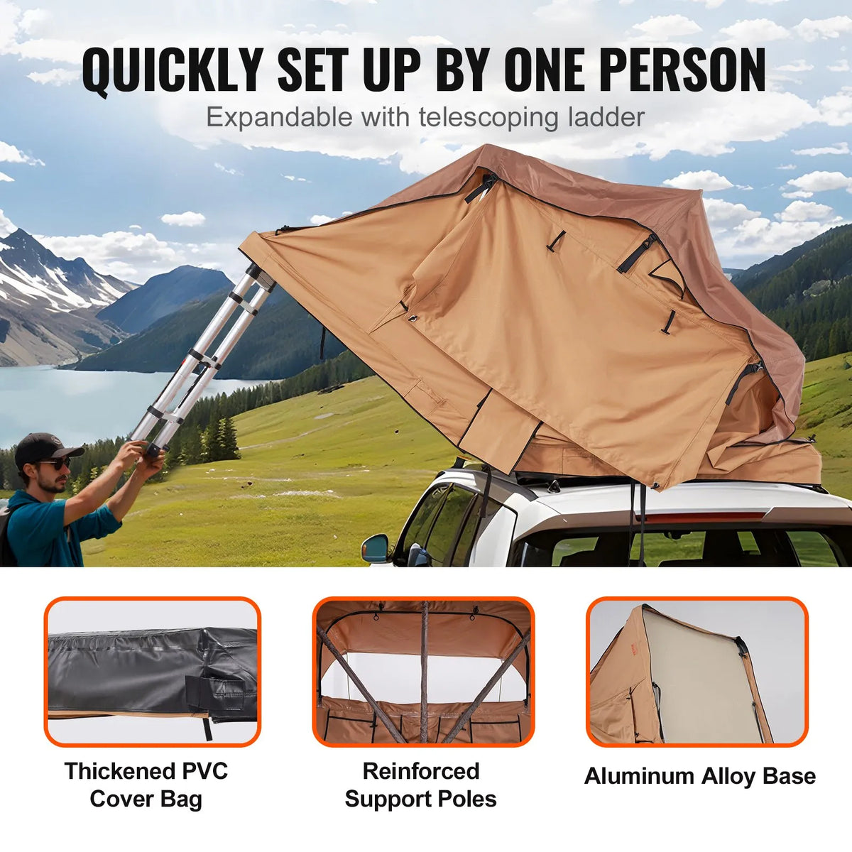 VEVOR Hard Shell Roof Tent Naturnest, Hard Shell 2-3 Person, Foldable Roof Tent with Telescopic Ladder, Mattress and PVC Cover Bag, Suitable for Jeep, SUV, Vans and Pickup Trucks, Waterproof