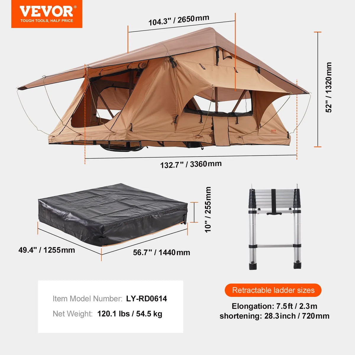 VEVOR Hard Shell Roof Tent Naturnest, Hard Shell 2-3 Person, Foldable Roof Tent with Telescopic Ladder, Mattress and PVC Cover Bag, Suitable for Jeep, SUV, Vans and Pickup Trucks, Waterproof