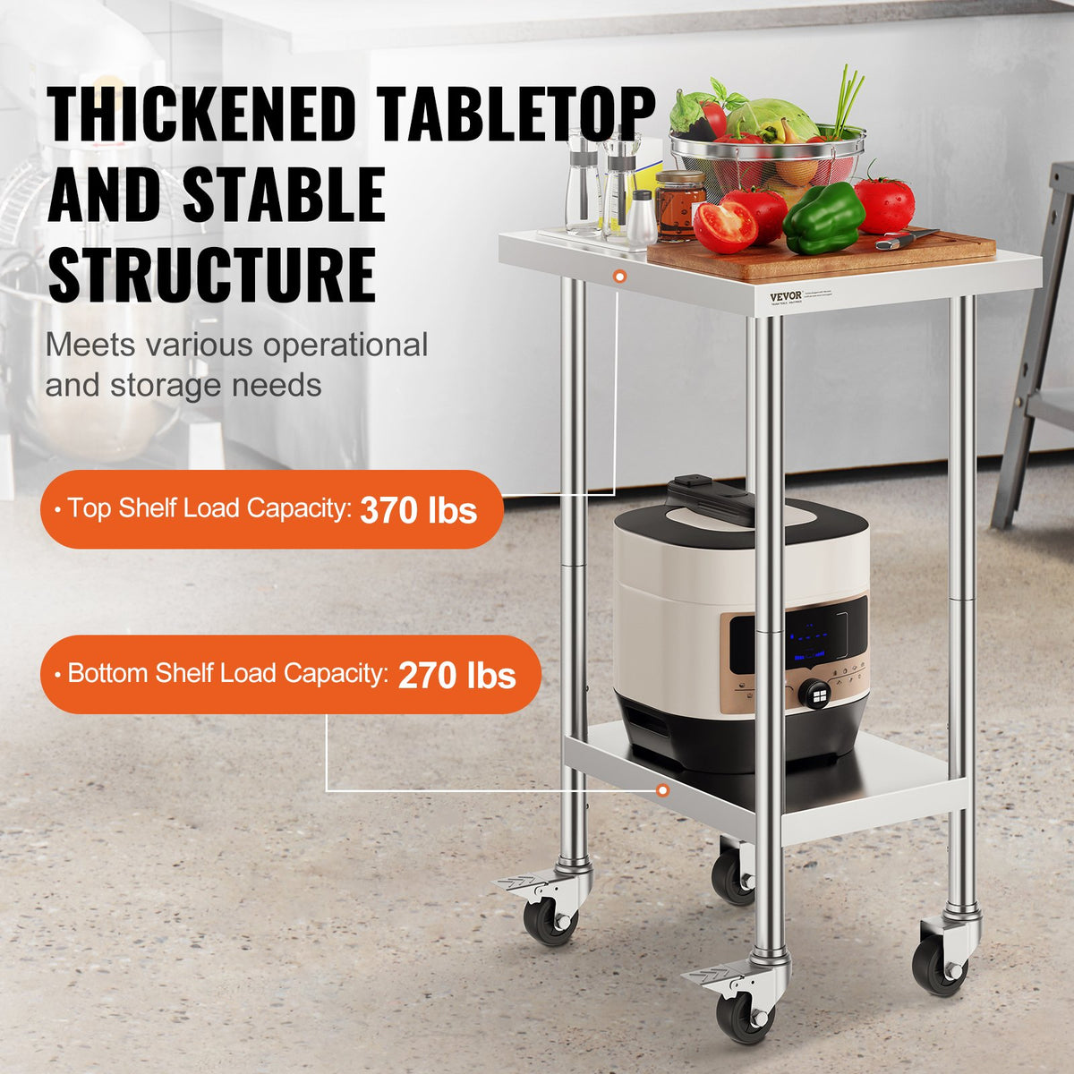 VEVOR Stainless Steel Work Table 60 × 45 cm with 4 Wheels