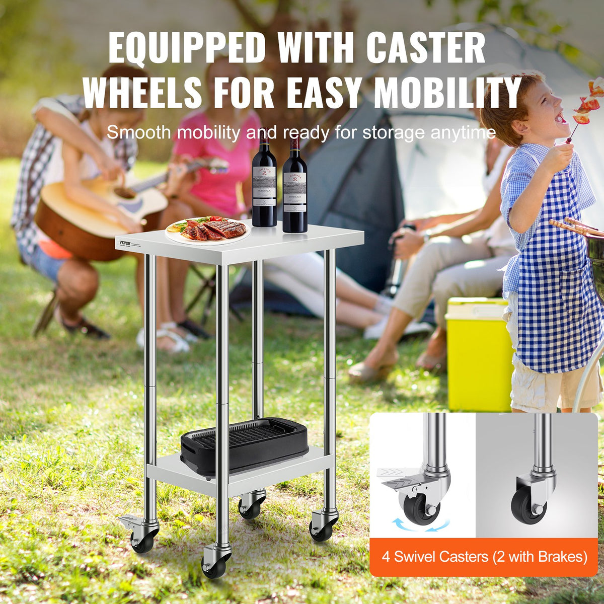 VEVOR Stainless Steel Work Table 60 × 45 cm with 4 Wheels
