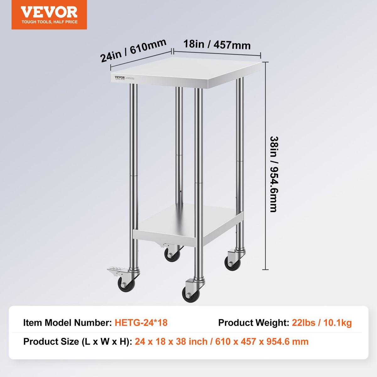 VEVOR Stainless Steel Work Table 60 × 45 cm with 4 Wheels