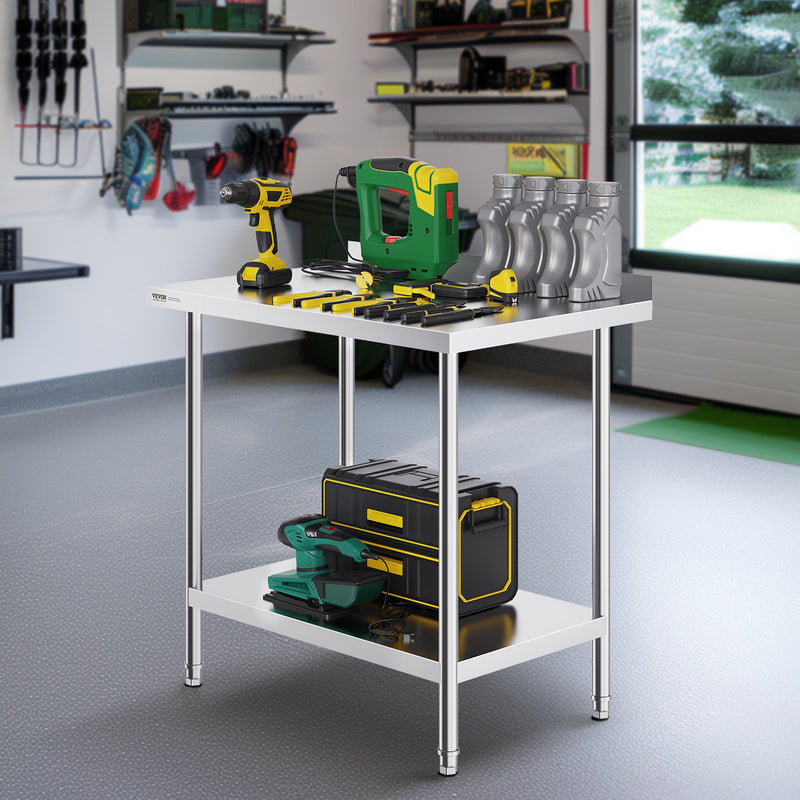 VEVOR nerūsējošā tērauda darba galds, 61 x 91 cm, regulējams plaukts, 200 kg slodze