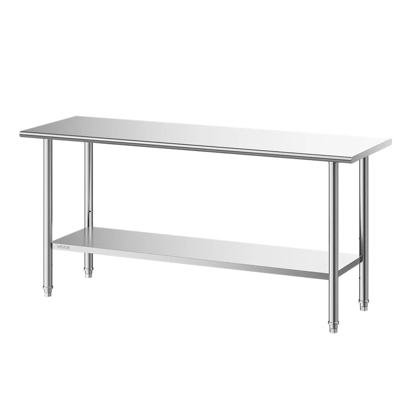 VEVOR nerūsējošā tērauda darba galds 61 × 183 cm, pārtikas sagatavošanas galds ar regulējamu apakšējo plauktu, profesionāla virtuves darba stacija restorāniem, viesnīcām, mājām, garāžām un lietošanai ārpus telpām