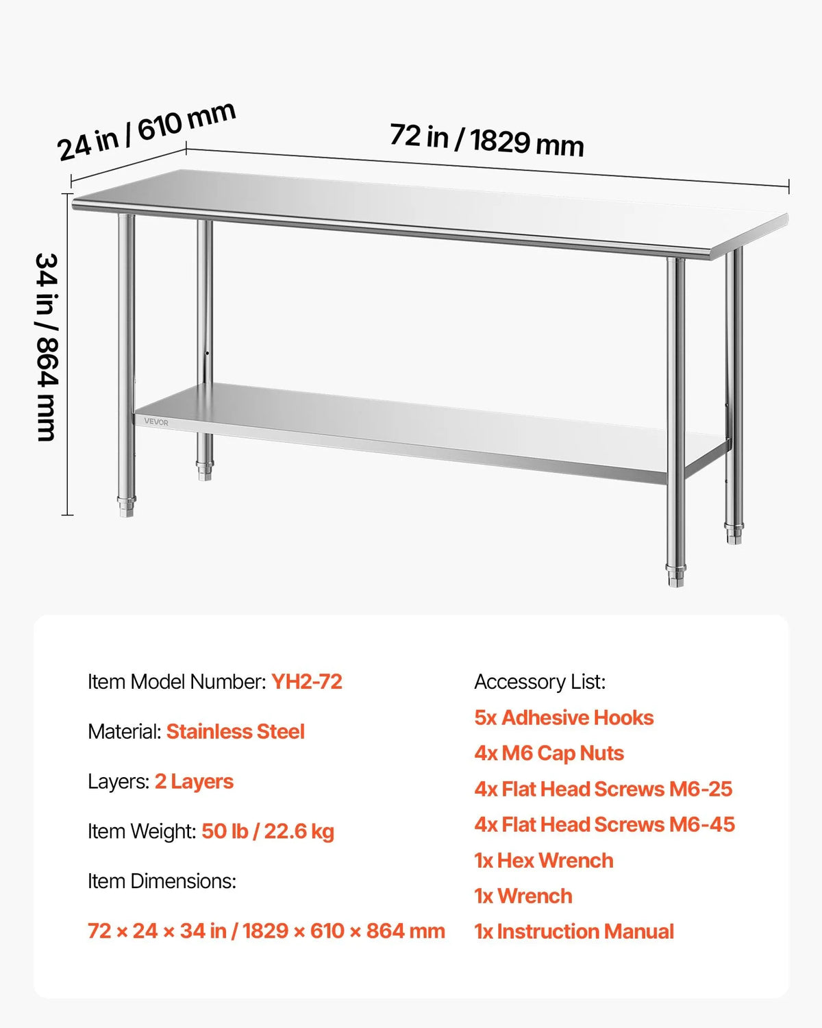 VEVOR nerūsējošā tērauda darba galds 61 × 183 cm ar regulējamu apakšējo plauktu, restorāniem un viesnīcām