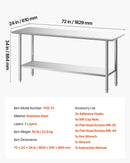 VEVOR nerūsējošā tērauda darba galds 61 × 183 cm, pārtikas sagatavošanas galds ar regulējamu apakšējo plauktu, profesionāla virtuves darba stacija restorāniem, viesnīcām, mājām, garāžām un lietošanai ārpus telpām