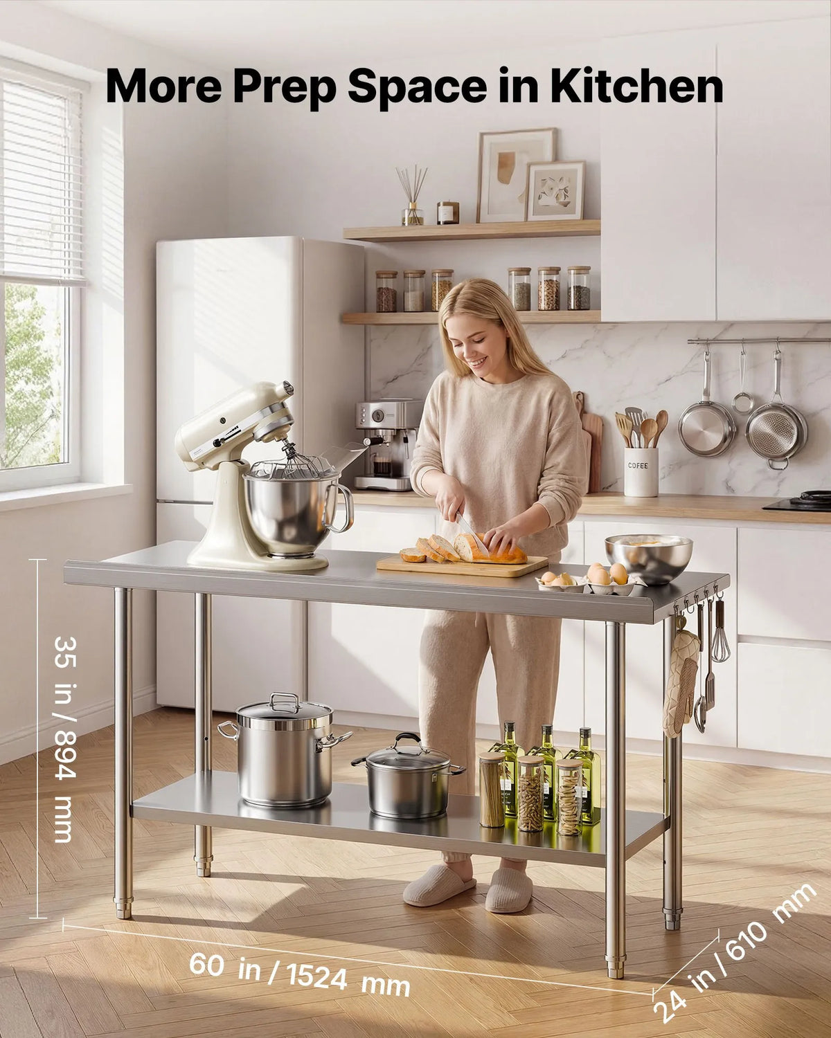 VEVOR Stainless Steel Work Table 61 × 152 cm with Backsplash and Adjustable Lower Shelf