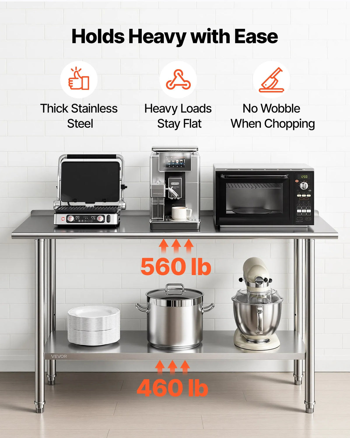 VEVOR Stainless Steel Work Table 61 × 152 cm with Backsplash and Adjustable Lower Shelf