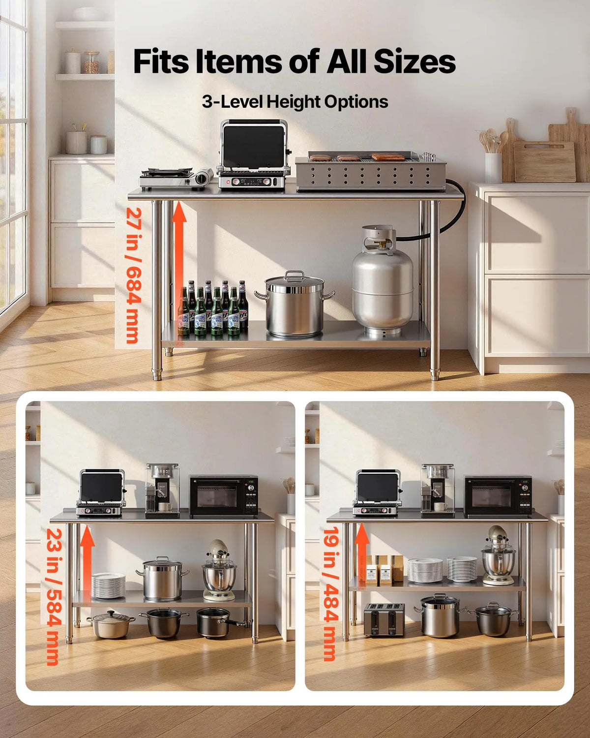 VEVOR Stainless Steel Work Table 61 × 152 cm with Backsplash and Adjustable Lower Shelf