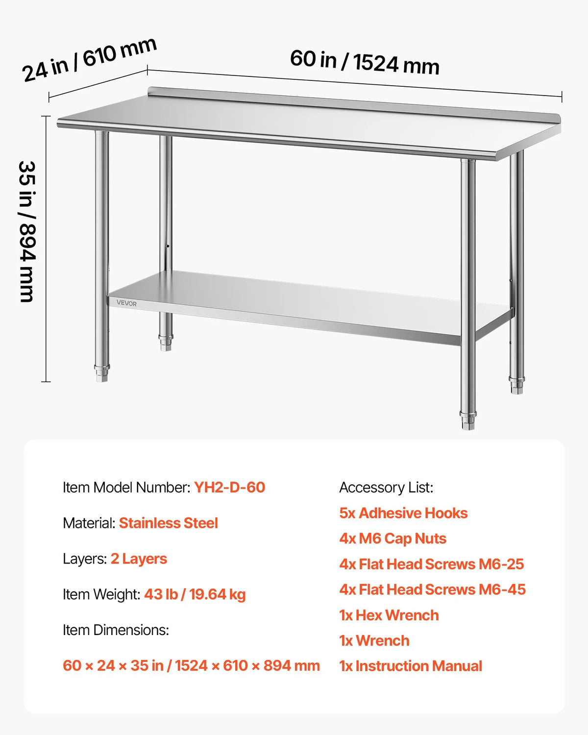 VEVOR Stainless Steel Work Table 61 × 152 cm with Backsplash and Adjustable Lower Shelf