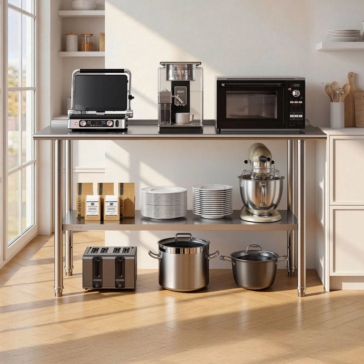 VEVOR Stainless Steel Work Table 61 × 152 cm with Backsplash and Adjustable Lower Shelf