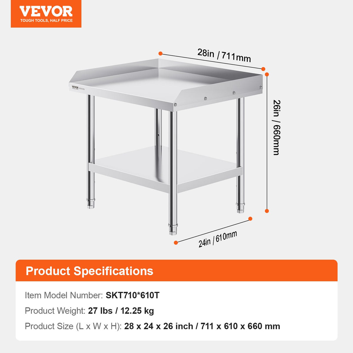 VEVOR Stainless Steel Work Table 60 × 70 cm, Commercial Food Preparation Table